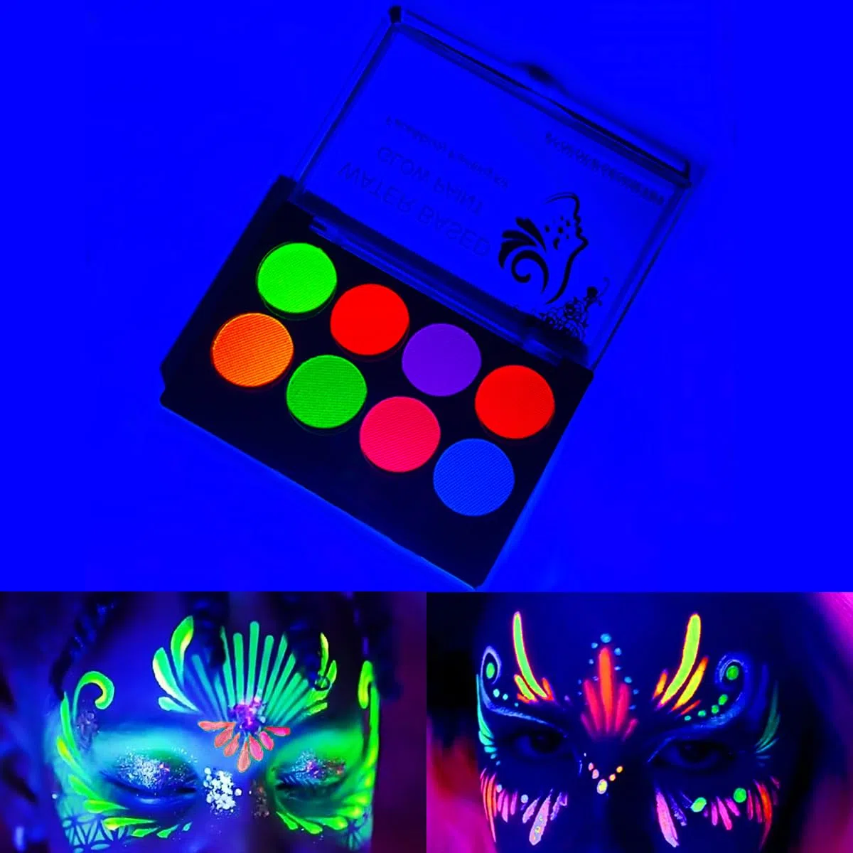 Pittura per viso e corpo reattiva alla luce nera UV, pigmento a base d'acqua, polvere fluorescente al neon a 8 colori, adatta per feste