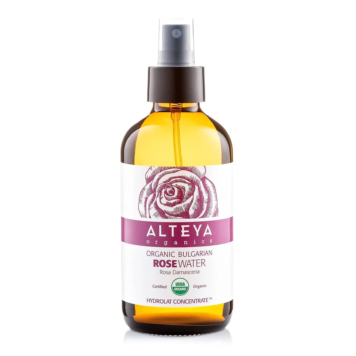 Alteya Organic Acqua di Rosa - spray 240 ml Bioglass - 100% USDA Certificata Organica Pura Bio Naturale Acqua vaporizzata distillata di fiori preparata di petali freschi di Rosa Damascena