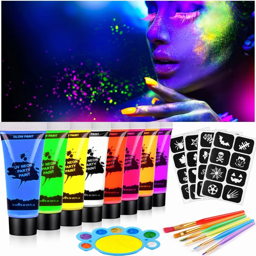 AOOWU Trucchi Neon, 8 Colori Trucchi Fluo Pittura di Corpo con Stencil e Pennelli, Color Body Paint UV Face Paint Kit Colori per Pancia, Set Truccabimbi per Halloween, Festa, Carnevale