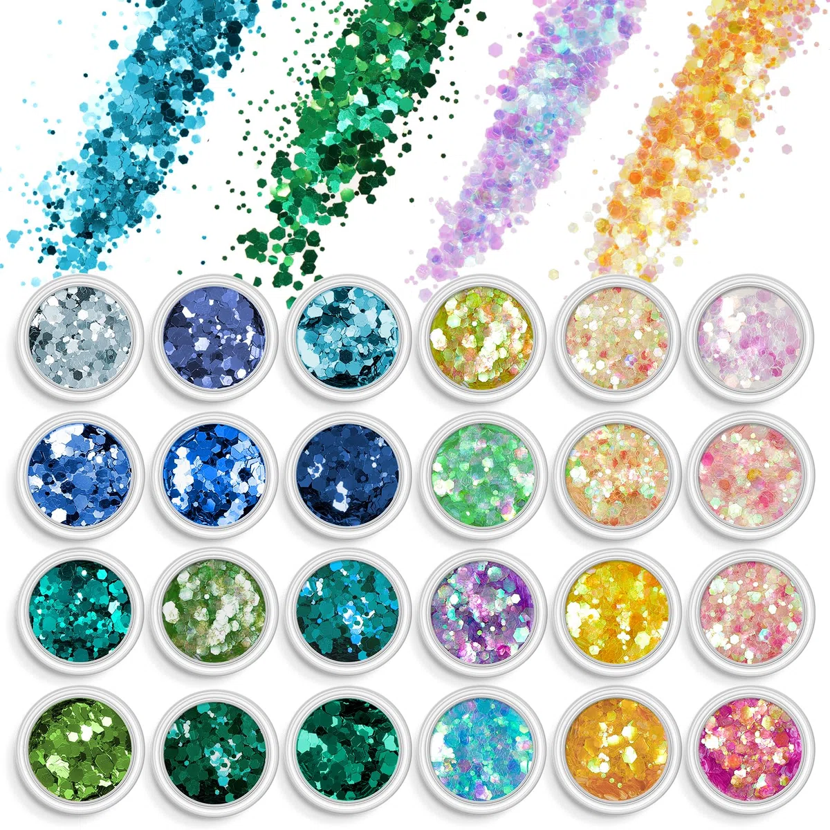 AOOWU Paillettes Unghie, 24 Colori Glitter Unghie Paillettes Polvere Kit Polvere Glitterata, Brillantini Unghie Olografico Porporina Polver Decorazioni Nail per DIY Viso Corpo Occhi(06#09#)