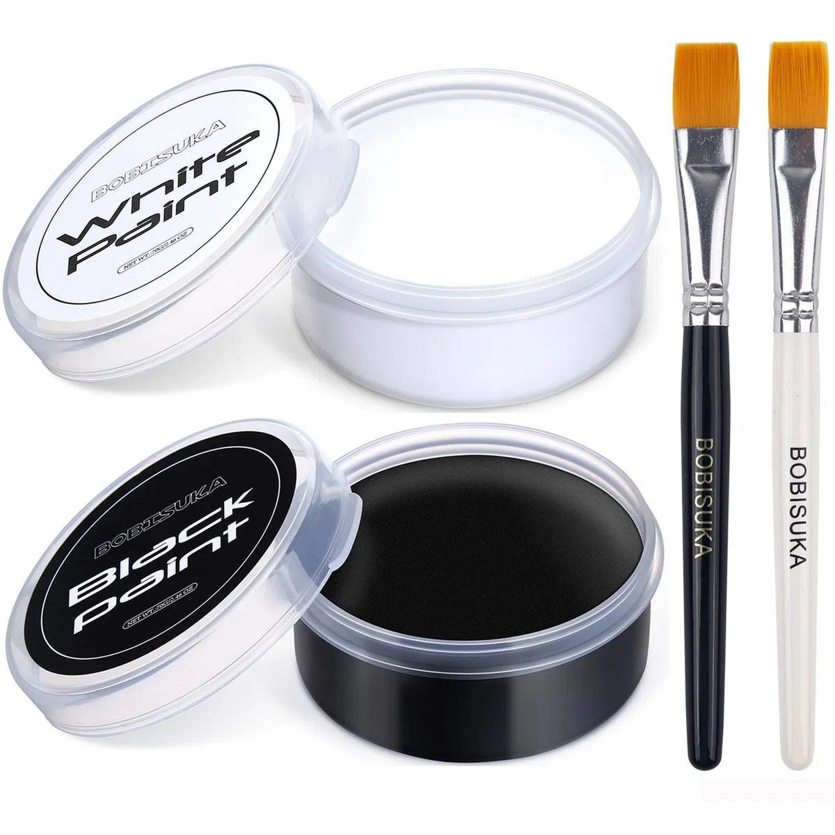 BOBISUKA Trucco Viso Bianco(70g) e Nero(70g) con Pennelli, Pittura per Viso Durevole, Body Painting Impermeabile per Trucco Halloween, Carnevale, Feste, Non Tossico