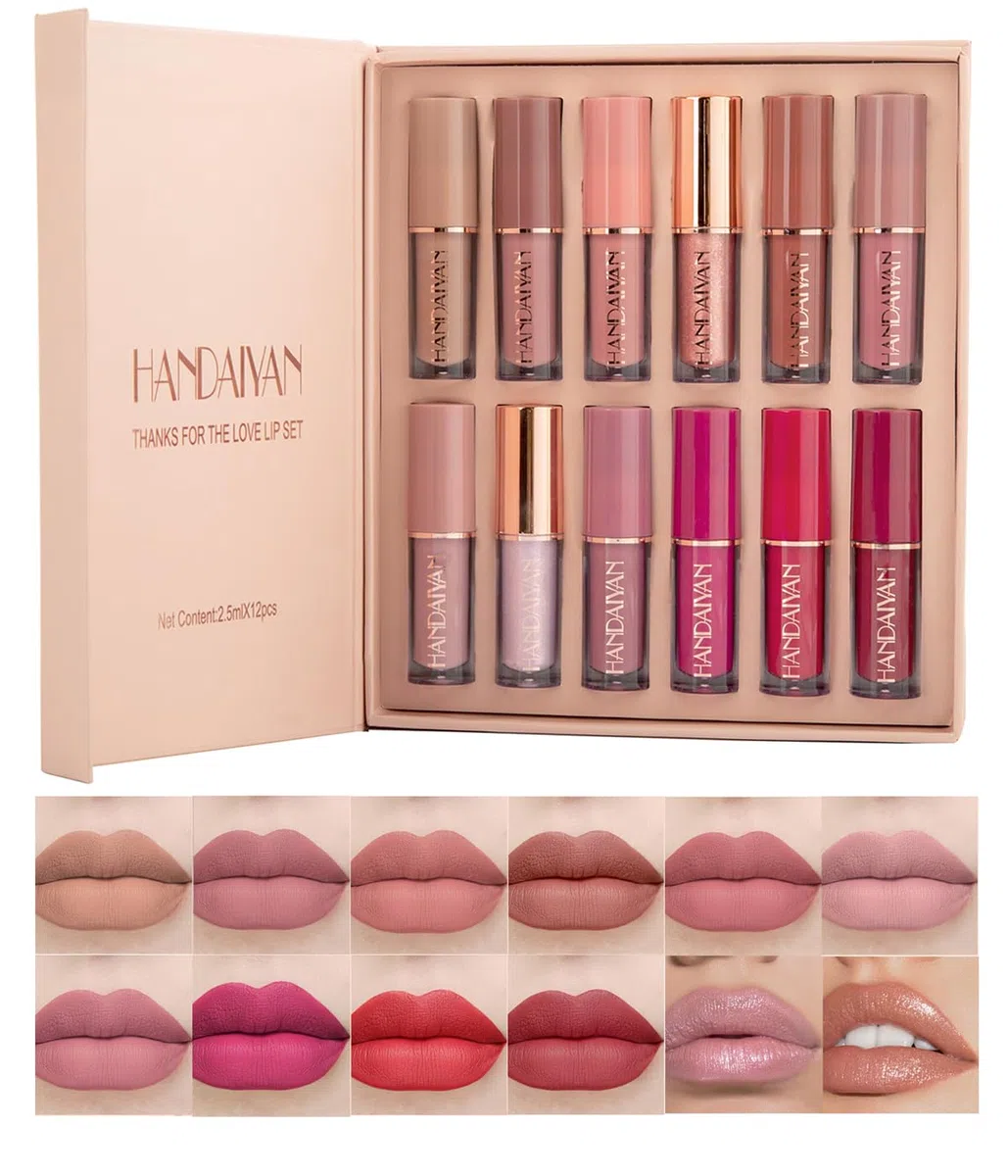 Set di 12 rossetti opachi colorati, set di lucidalabbra vellutati con finitura opaca, rossetto idratante con confezione regalo