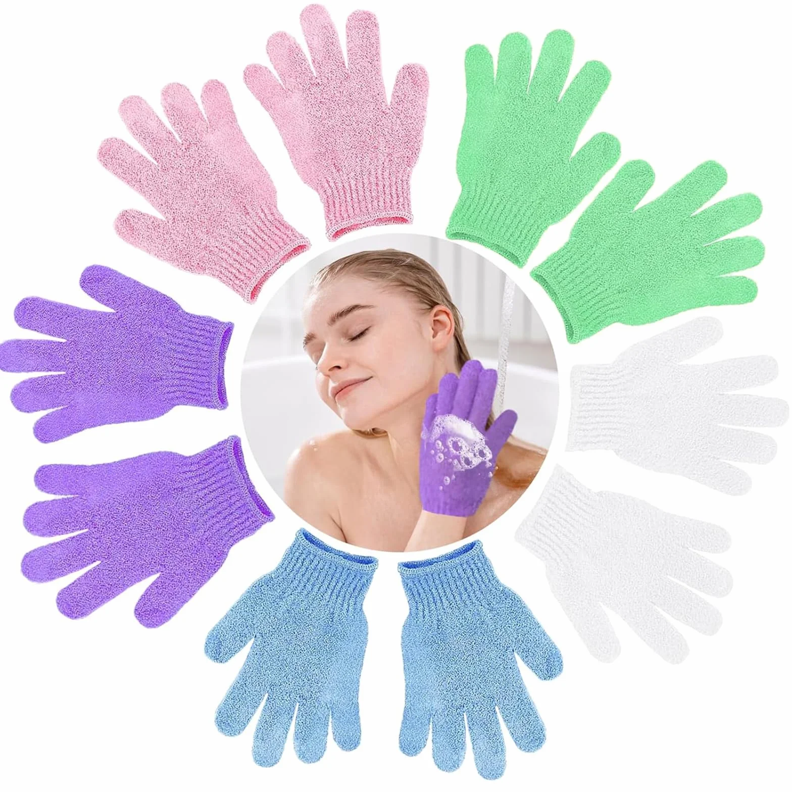 KEYRI 10 Pezzi Guanti Esfolianti, Guanti Da Bagno Esfolianti Guanto Scrub Corpo Guanto Esfoliante per Uomo e Donna Guanti Da Bagno A Cinque Dita per Doccia Spa Massaggio (Bianco+Rosa+Viola+Verde+Blu)
