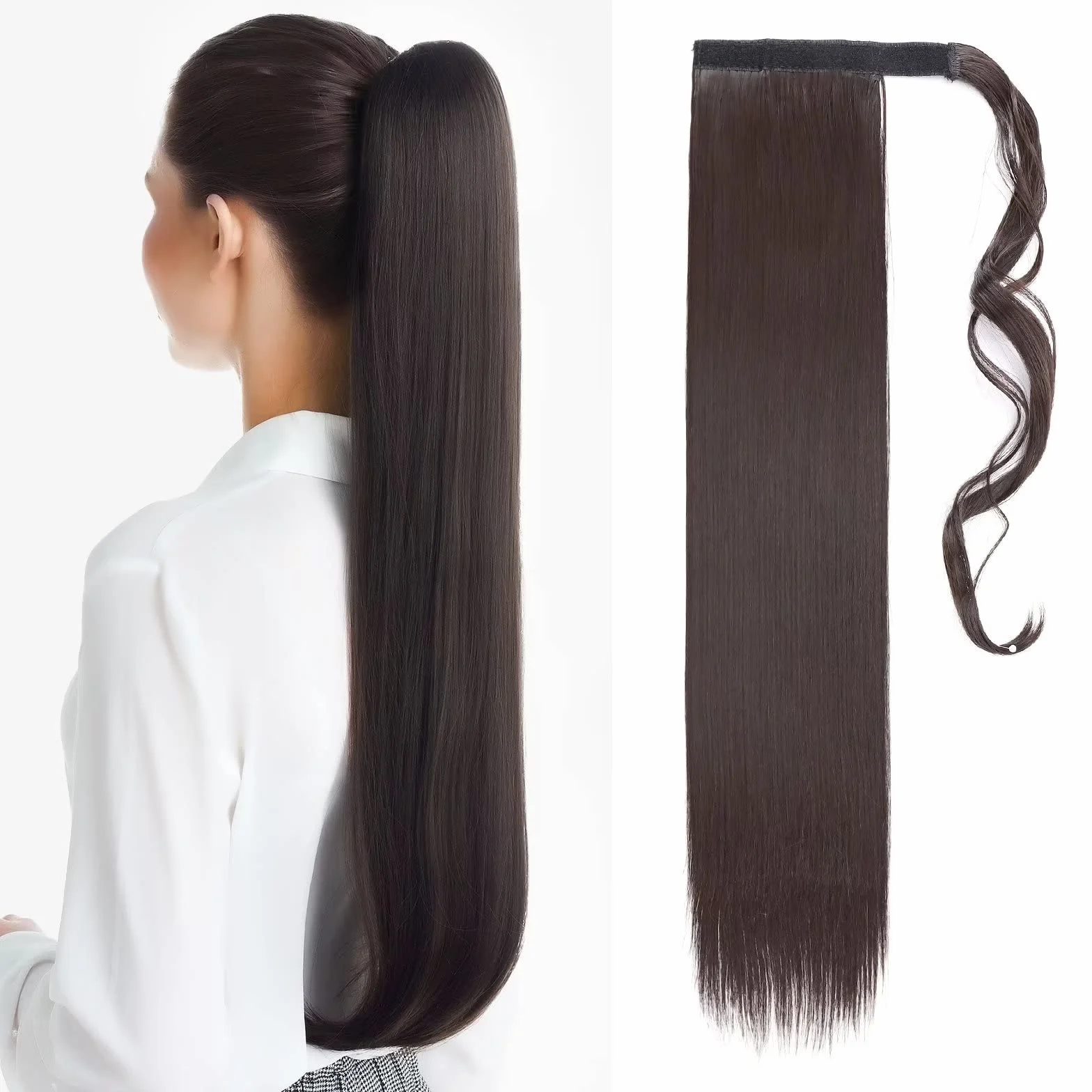 TESS Coda Capelli Extension 60 cm, Coda Finta Capelli Liscio Marrone scuro (#4A) Coda Capelli 90g Code Finte per Capelli