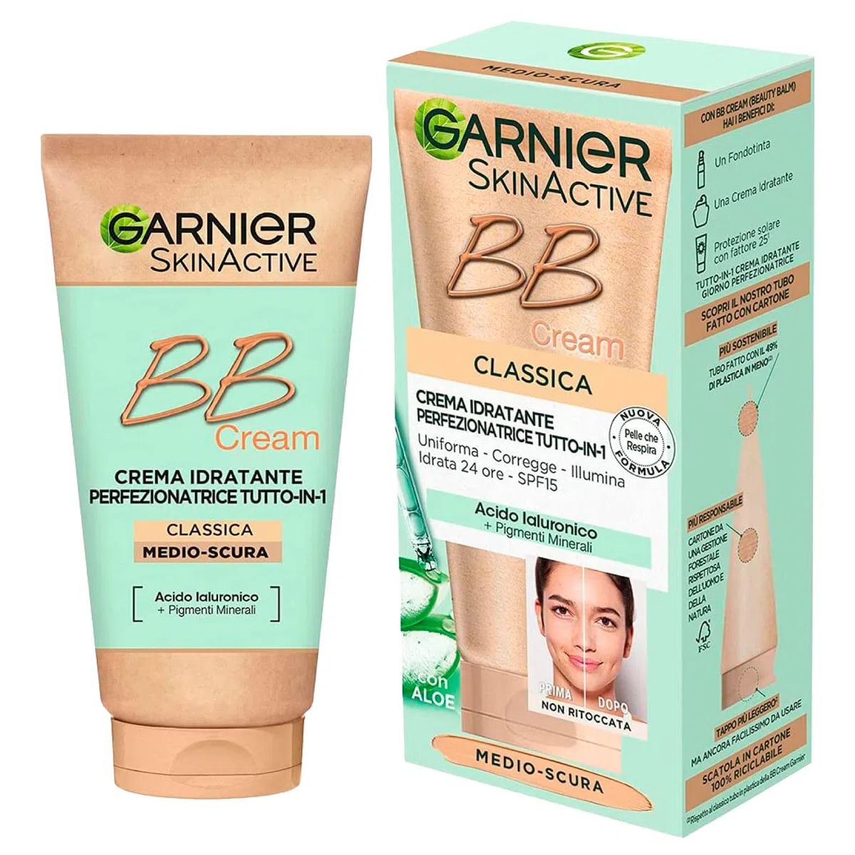 Garnier Skinactive BB Cream Crema Viso Idratante Perfezionatrice Tutto in 1 SPF15 Tonalità Medio-Scura - Flacone da 50ml