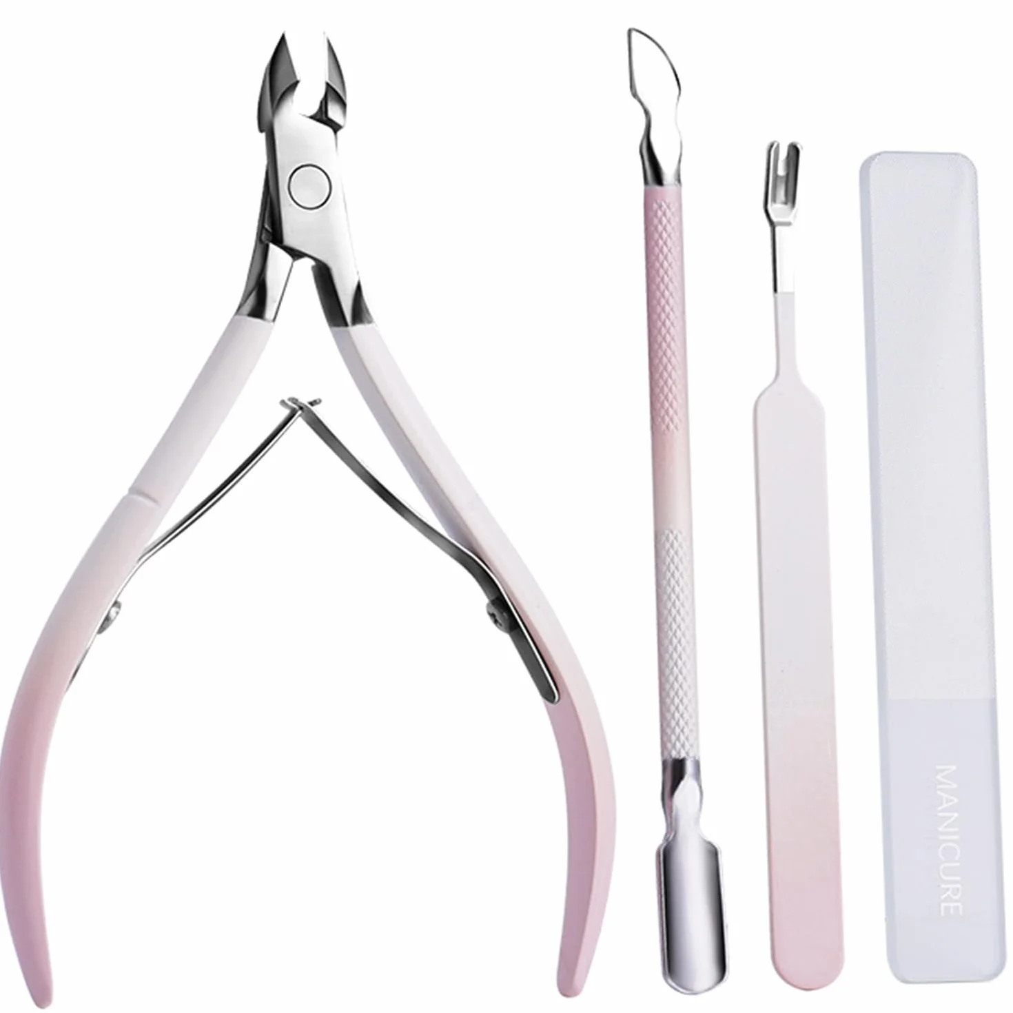 Kit professionale per rimuovere le cuticole e manicure: tagliacuticole, rifilatore, tronchesine e set di strumenti per unghie, spingicuticole a doppia estremità e lima per unghie in vetro (4 pezzi in