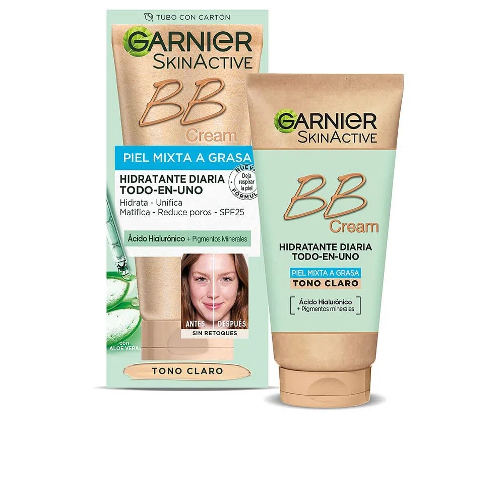 Garnier Skin Active BB Cream, per pelli miste o grasse, con SPF 25, acido ialuronico, estratto di aloe vera e pigmenti minerali, corregge e illumina la pelle, colore chiaro, 50 ml (confezione da 1)]