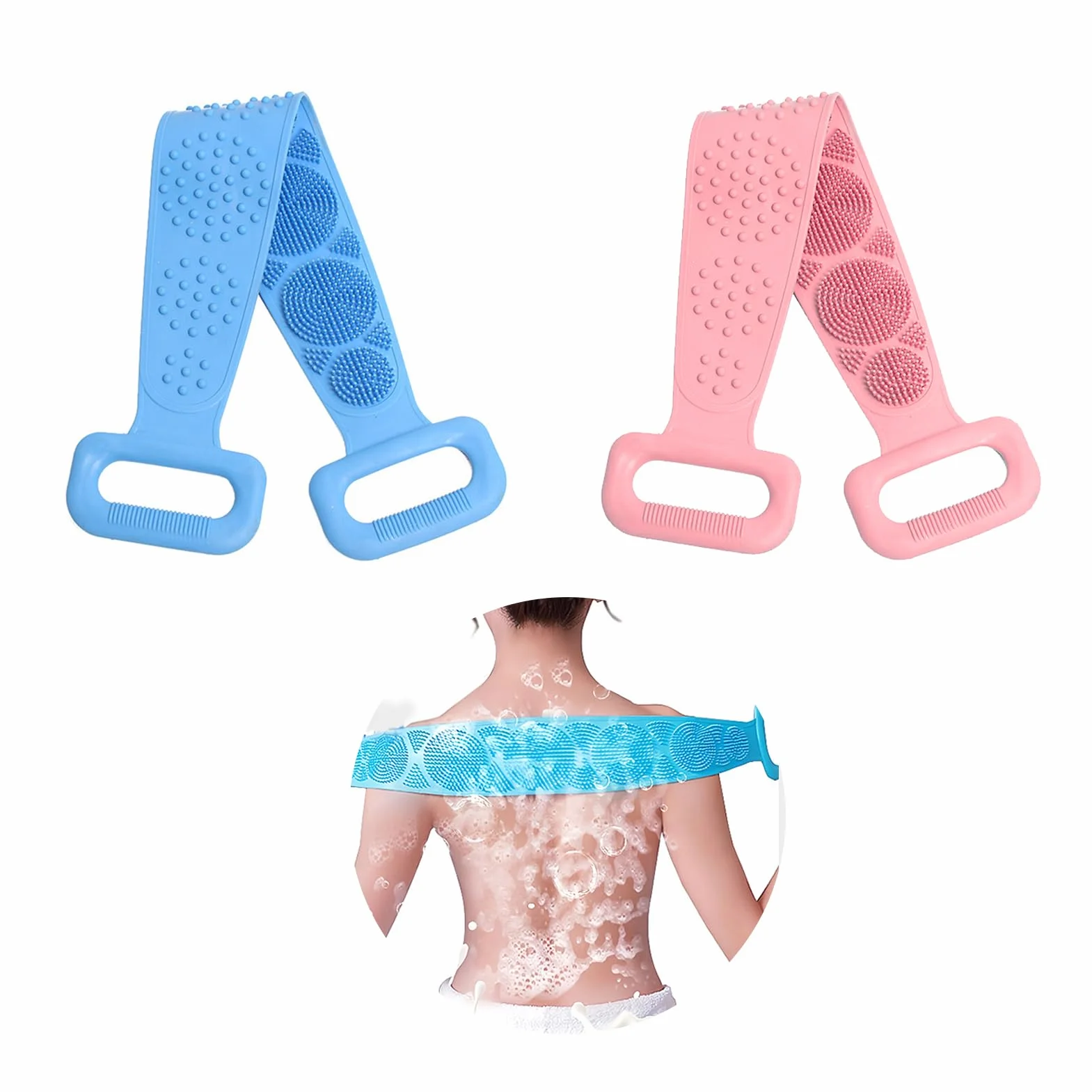 2pcs Spazzola schiena doccia, Spazzola per lavare la schiena da Bagno in Silicone, Scrubber Posteriore per Doccia Spazzol per Il Corpo in Silicone per Bagno Esfoliante 60cm. (blu+rosa)