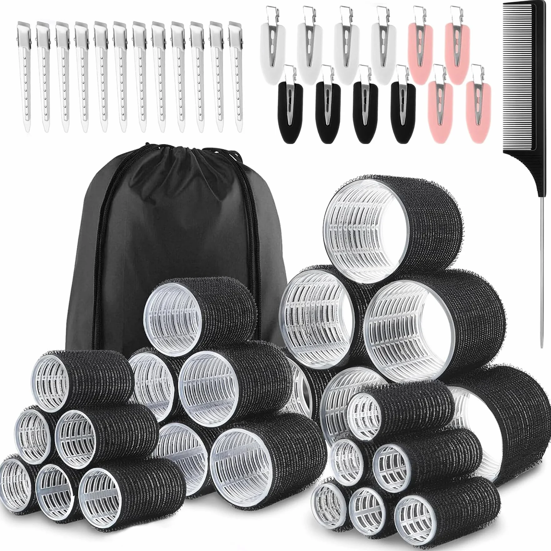 Set di 50 bigodini in per capelli, in nylon ecologico, 4 misure per vari ricci, perfetti per acconciature e volumi, 60, 45, 36, 25 mm, 24 pezzi e 24 clip per arricciare