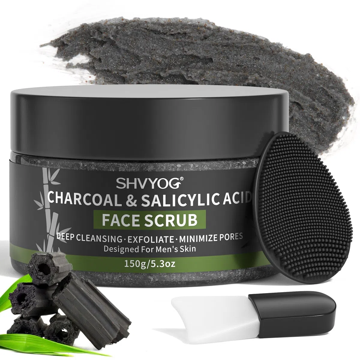 Scrub viso da uomo, esfoliante per il viso al carbone di bambù, acido salicilico, peeling facciale, migliora punti neri, acne, pori ostruiti, controllo dell'olio detergente, cura pre-rasatura per
