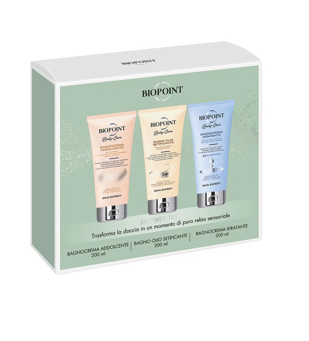 Biopoint - Set Regalo Bagnoschiuma: Bagnocrema Addolcente, Bagno Olio Setificate, Bagnocrema Idratante 200ml - Nutre e Deterge con Delicatezza