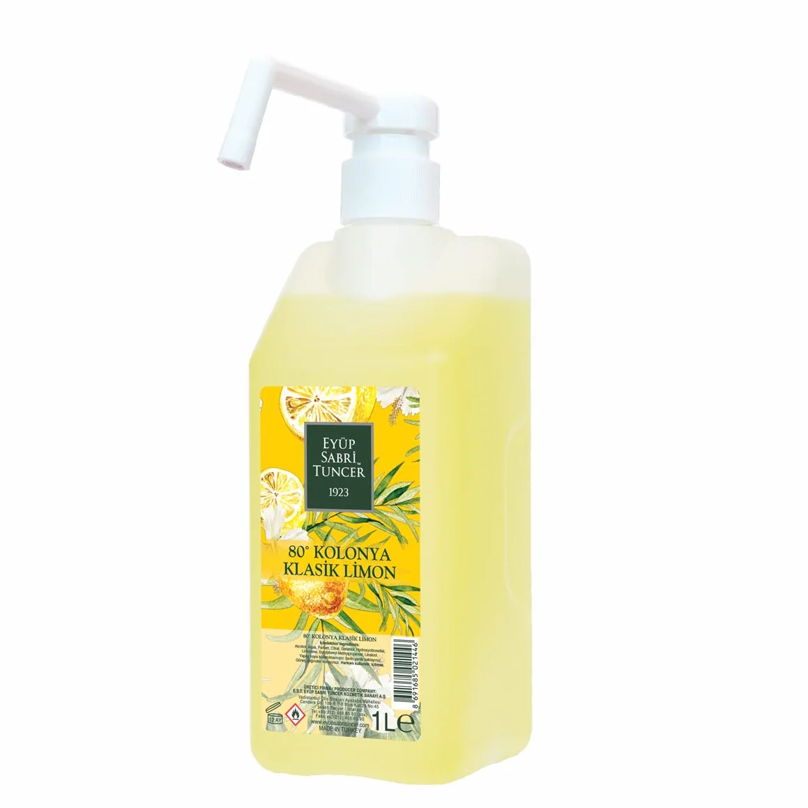 Eyüp Sabri Tuncer Kolonya Limon 80°, 1 litro, acqua profumata tradizionale turca, acqua per le mani, acqua da barba, dopobarba, colonia, spray per uomo I Eau de Cologne – Classic Limone (limone)