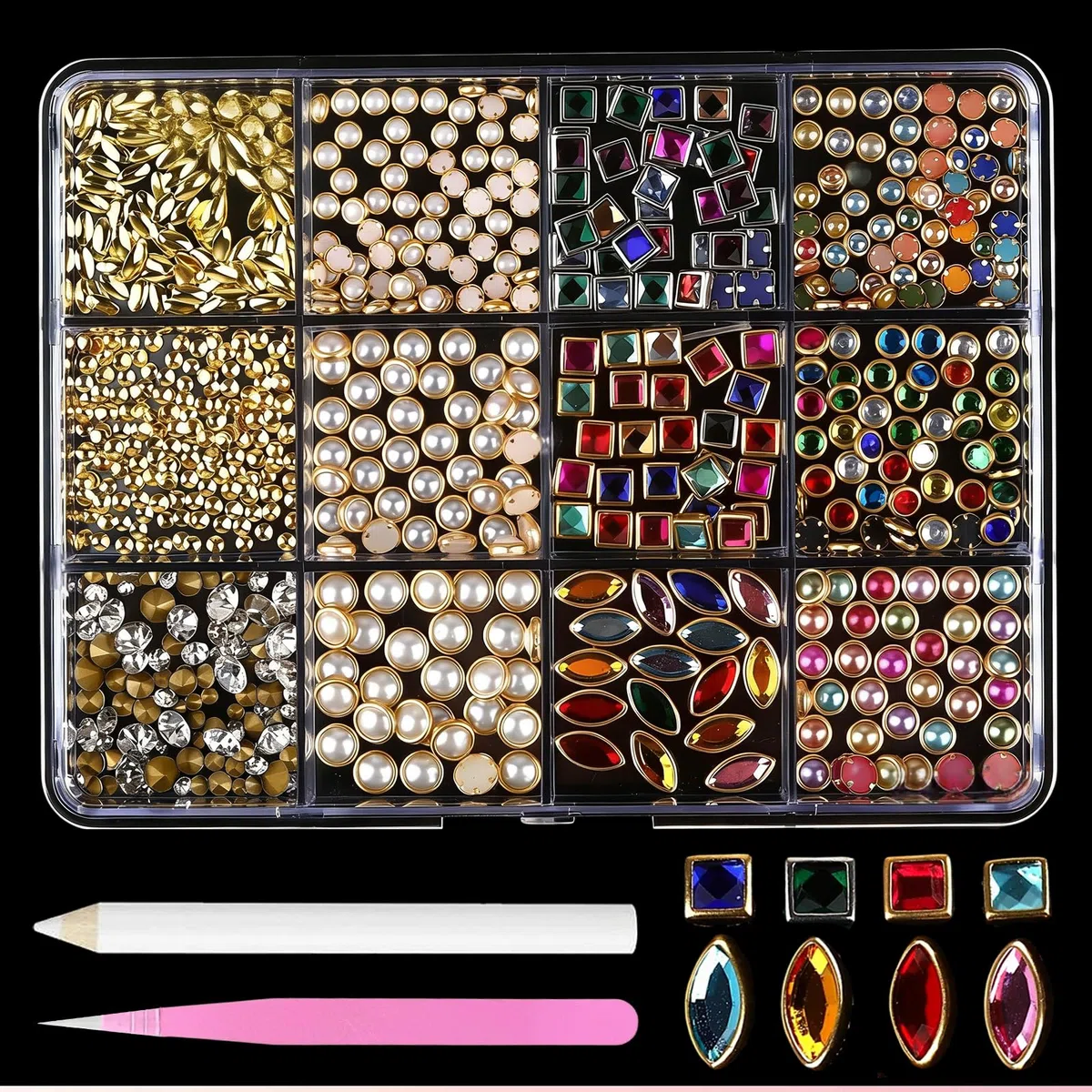 Set di ciondoli e pietre preziose 3D per nail art, 12 scomparti, in acrilico e metallo, con perle, strass e catene, accessori per unghie di lusso per manicure professionale fai da te